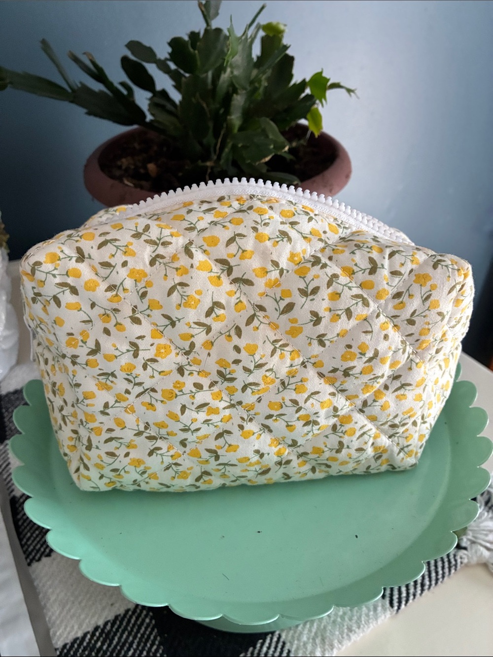 Quilted Floral Zip Pouch — Yellow & Green